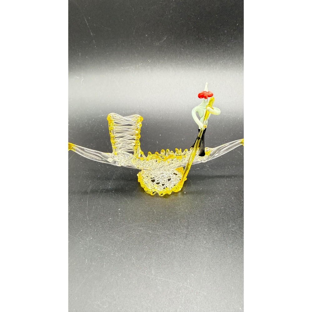 Vintage Hand Blown Spun Glass Gondola Figurine Venice Italy Yellow Clear Art